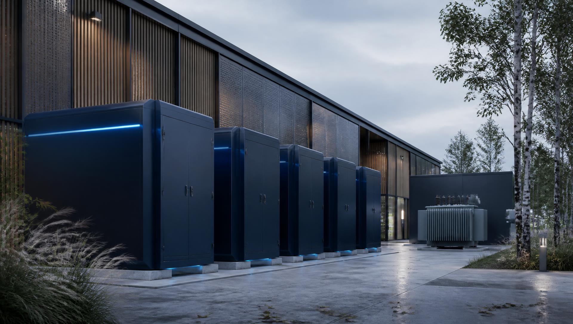 Batterijopslag bij een bedrijfspand op een industrieterrein